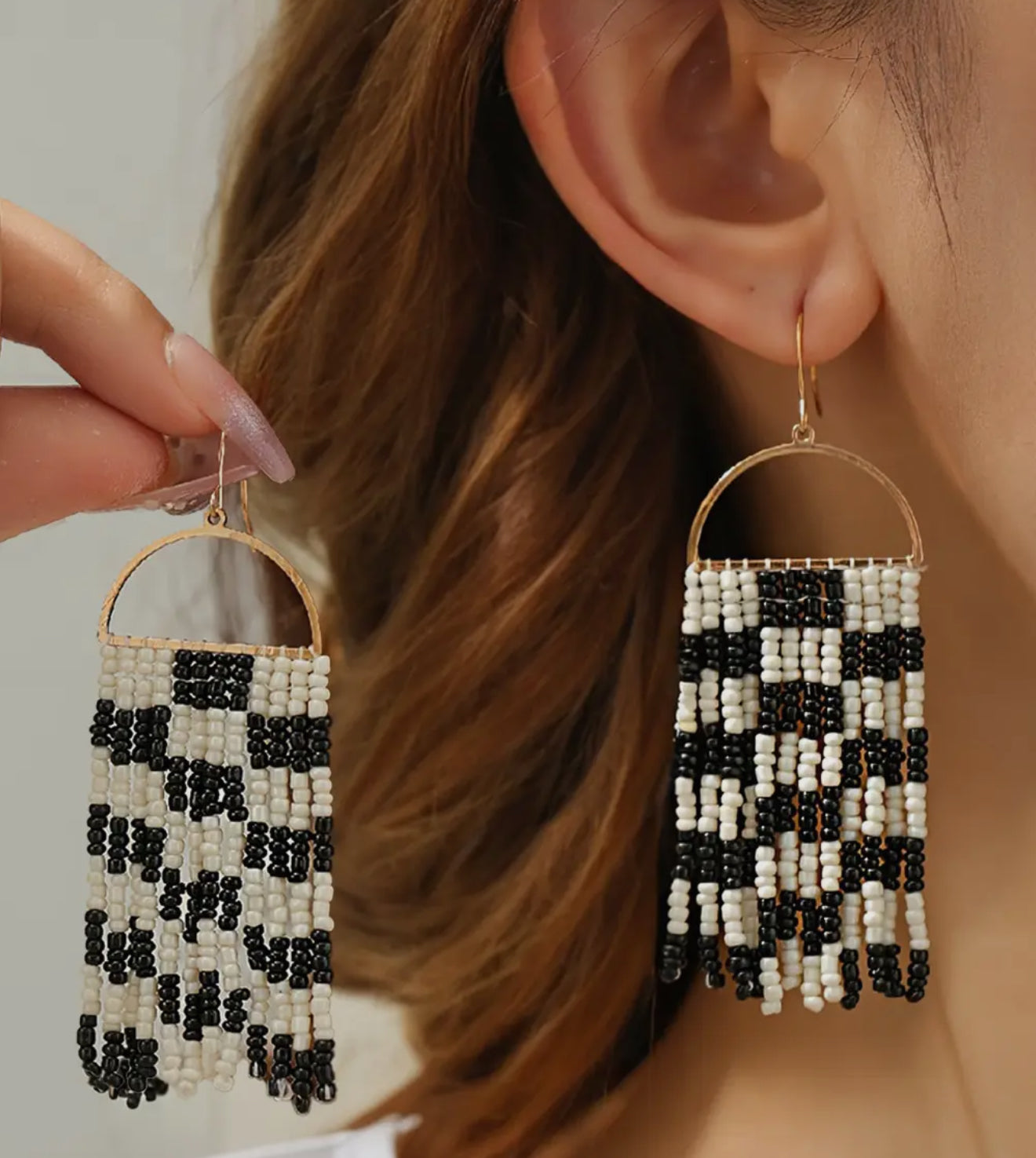 Black and White Beaded Dangle Earrings