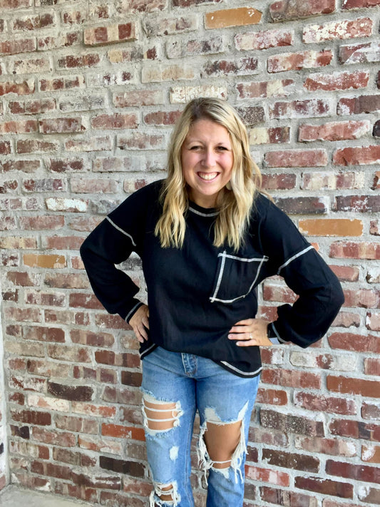 Black Long Sleeve Shirt with White Stitching