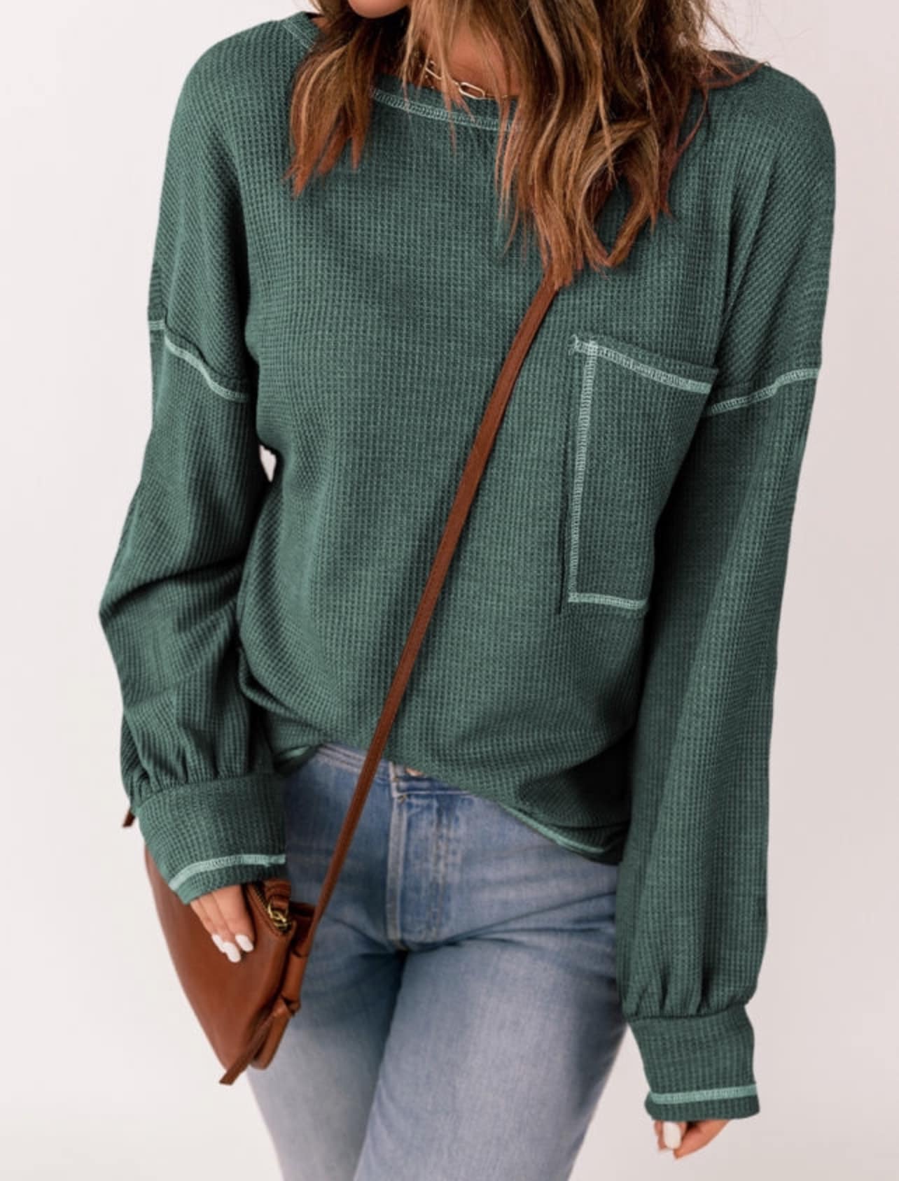 Green Long Sleeve Shirt with White Stitching