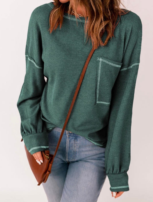 Green Long Sleeve Shirt with White Stitching