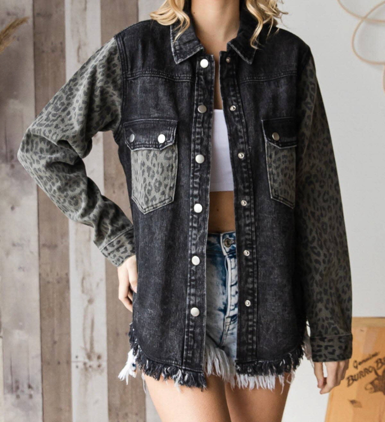 Black Leopard Denim Jacket