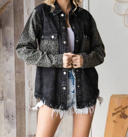 Black Leopard Denim Jacket
