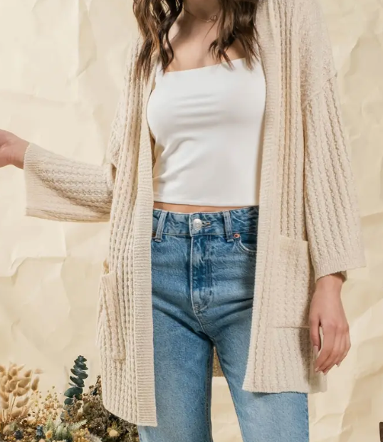 Waffle Knit Cardigan (Light Khaki)