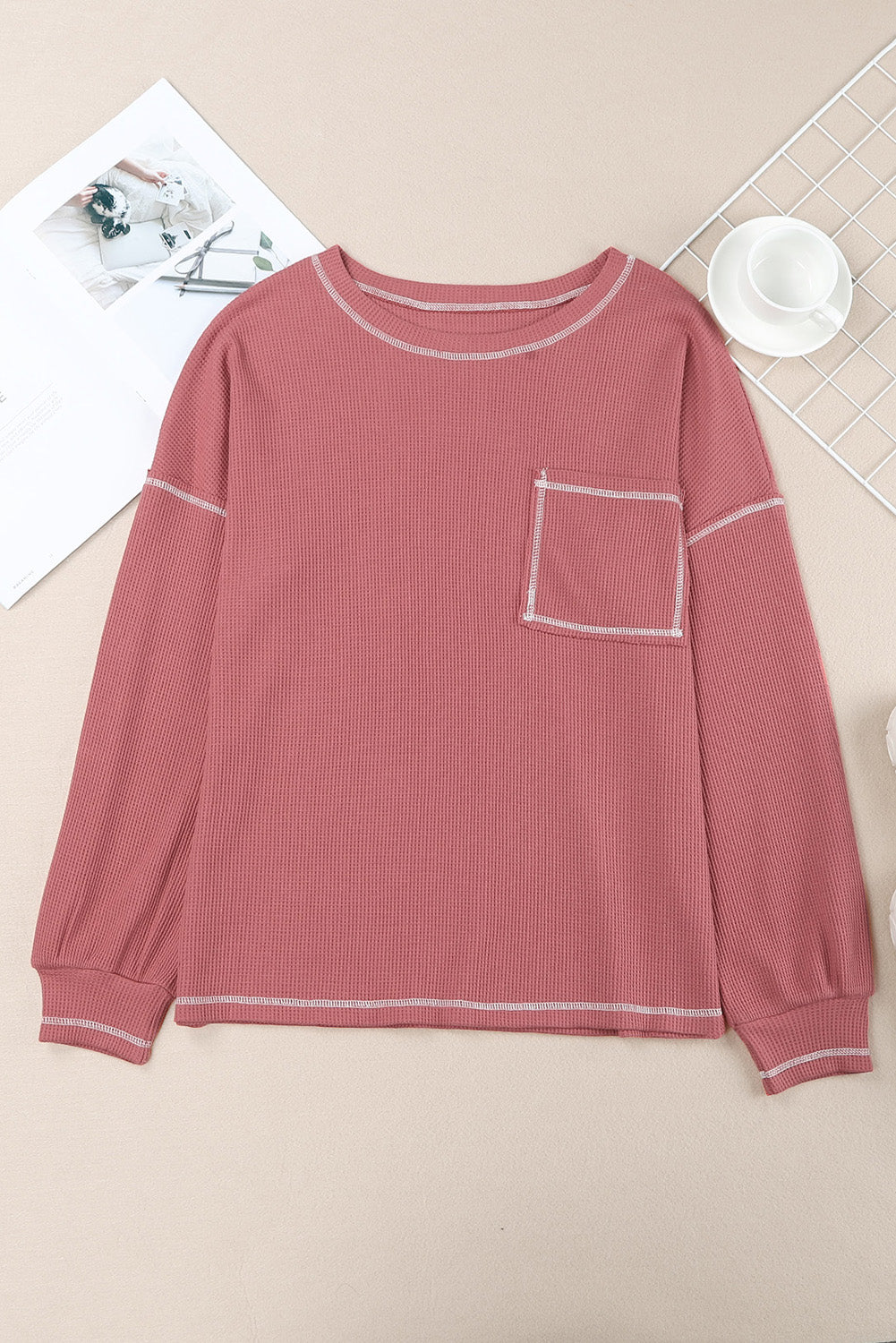 Red Long Sleeve Shirt with White Stitching