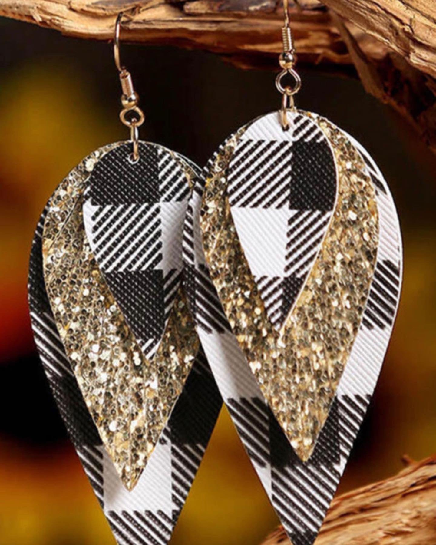 Glitter, Black/White Plaid Dangle Earrings