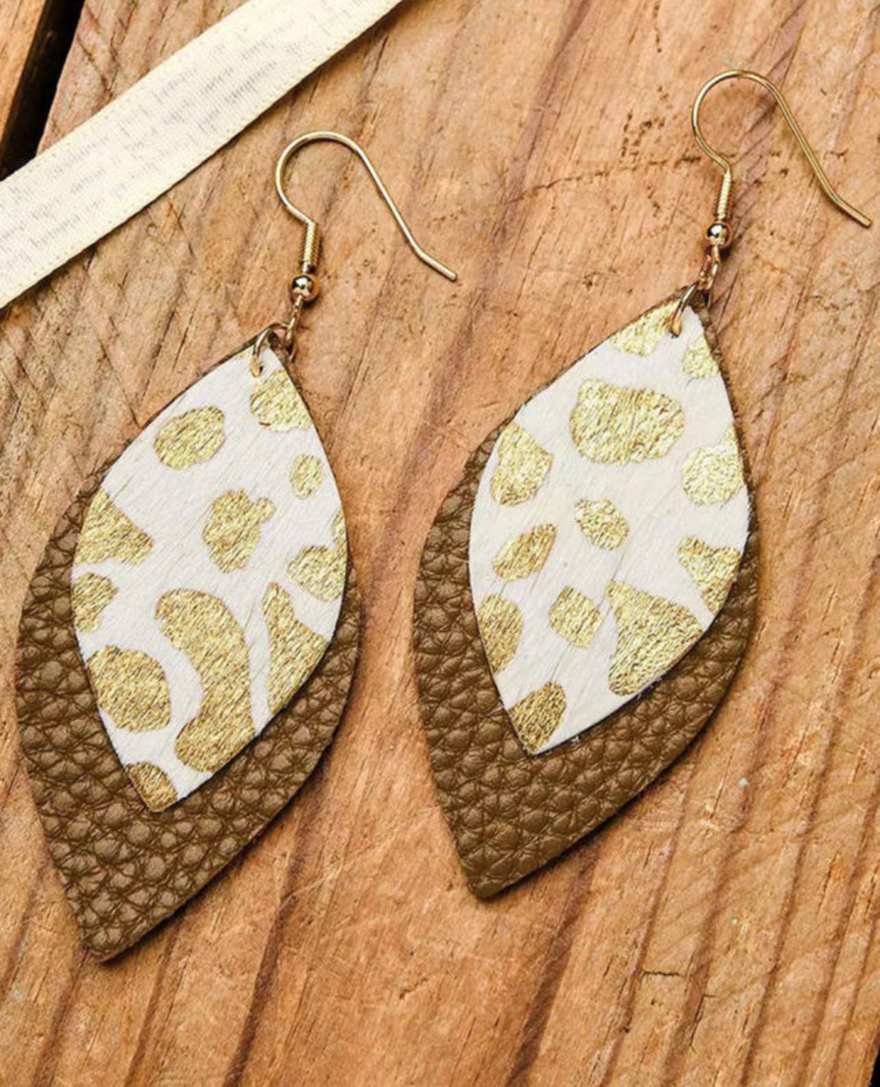 Brown, White, and Gold Dangle Leopard Earrings